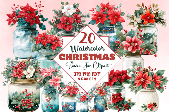 Watercolor Christmas Flower Jar Clipart